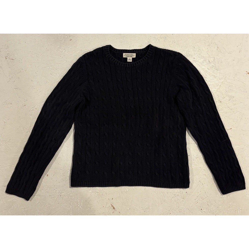 St John's Bay Sweater Women's PM Black Long Sleeve Pullover Cable Knit Crew Neck